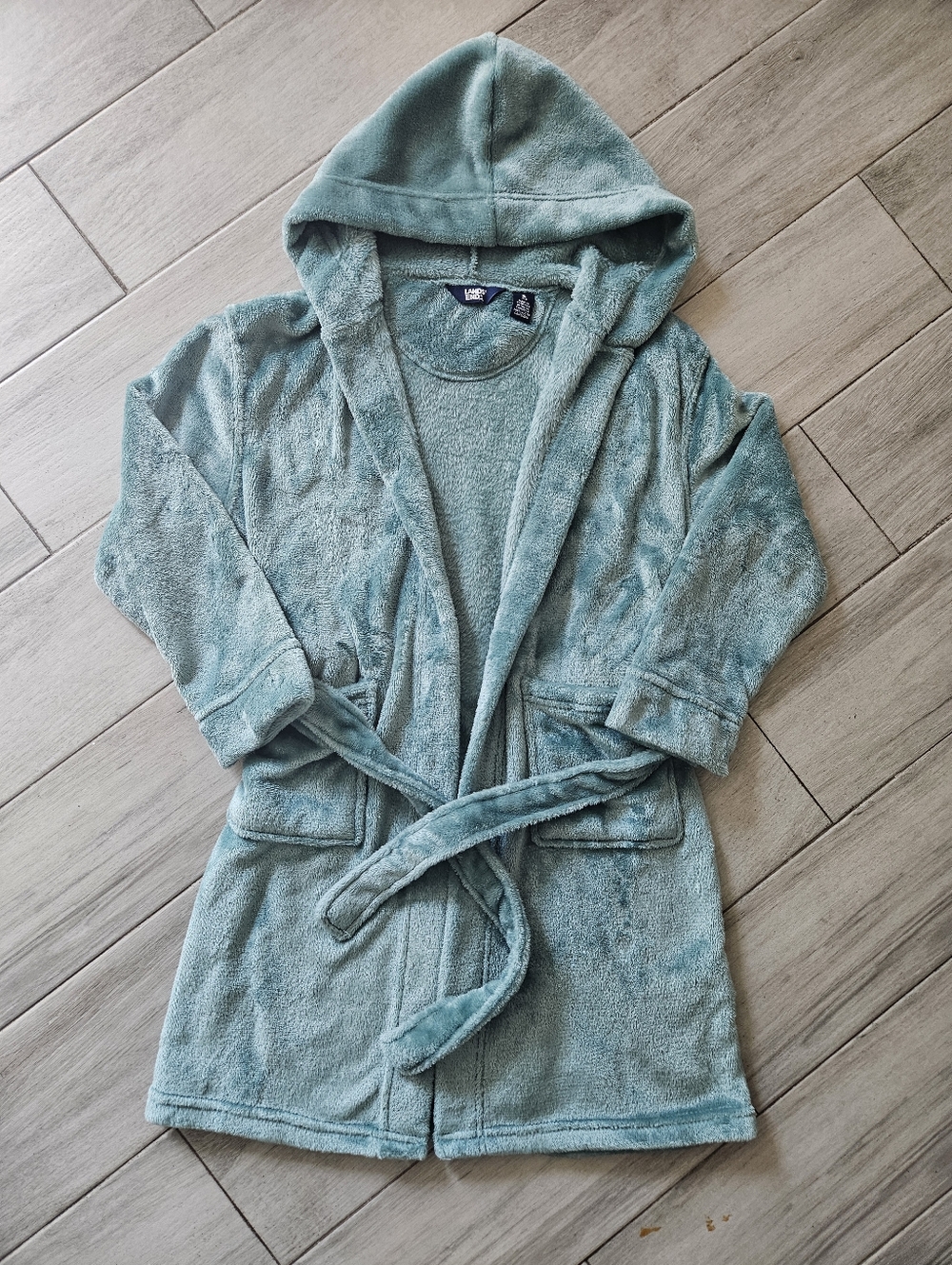 Lands' End Plush Hooded Robe in Dusty Seafoam